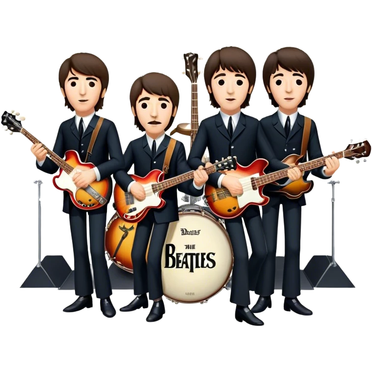 Rock music icon: The Beatles performing live on stage. John Lennon with guitar, Paul McCartney with bass, George Harrison with guitar, Ringo Starr on drums. Bright lights, energetic performance. Transparent background. emoji
