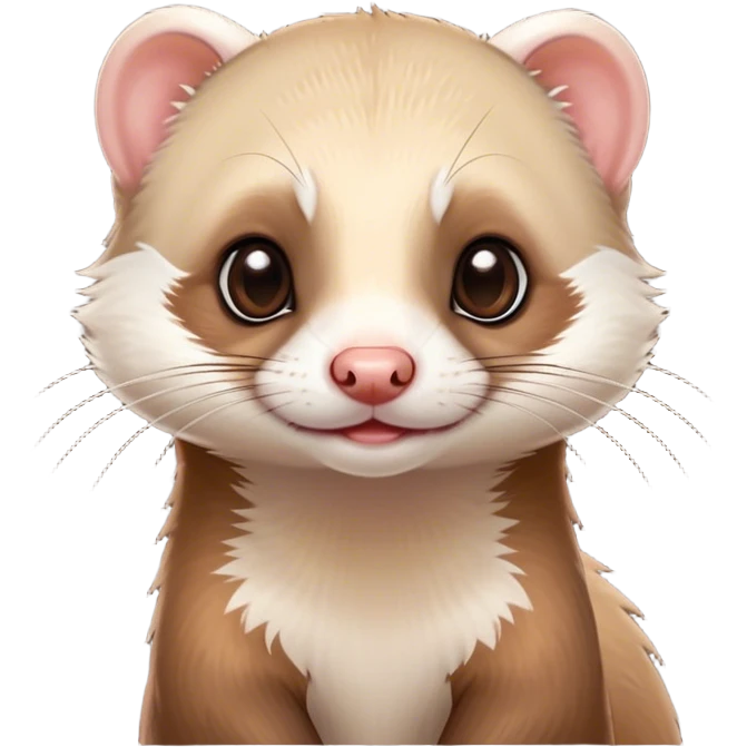 Cinematic Cute Ferret Portrait Emoji, Head tilted playfully, with an elongated, flexible body and a characteristically curious expression, featuring a short, pointed snout, bright, sparkling eyes, and soft fur in warm brown and cream tones, Simplified yet irresistibly adorable features, highly detailed, glowing with a warm, friendly glow, high shine, affectionate and lively, stylized with a touch of whimsical mischief, soft glowing outline, capturing the essence of a fun-loving and mischievous ferret that feels like it could scamper straight into your heart! emoji