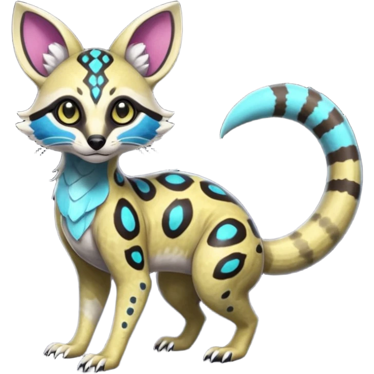 Rare realistic tropical exotic shiny cute epic pretty beautiful handsome gorgeous aesthetic colorful vibrant Vernid-Protogen-Primagen-Wickerbeast-Genet-Trico-species-Fakemon-hybrid-creature by LiLaiRa, beautiful intricate markings, full body emoji