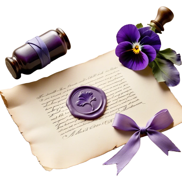 A dusty lilac-colored wax seal, pressed onto a letter with an intricate pansy emblem, rests atop a stack of aged parchment tied with a frayed lavender ribbon. Beside it, a frosted glass bottle of violet ink, its stopper slightly askew, sits near a scattering of delicate, hand-painted ceramic pansy petals, as though left behind from an artist’s fleeting inspiration.
 emoji