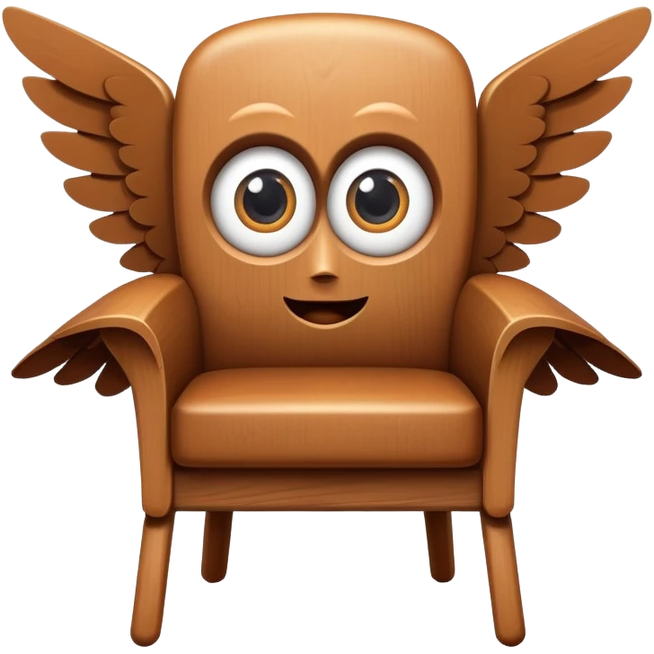 A wooden chair with big cartoon eyes, flying through the air with small wings emoji