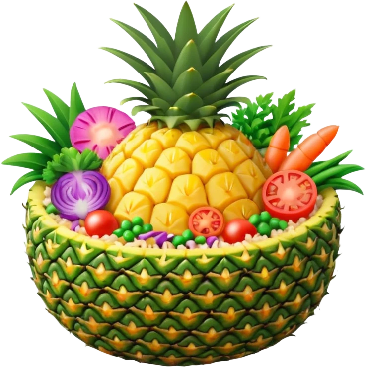 pineapple fried rice emoji, served in a pineapple bowl, colorful vegetables and shrimp, vivid textures, bright lighting emoji