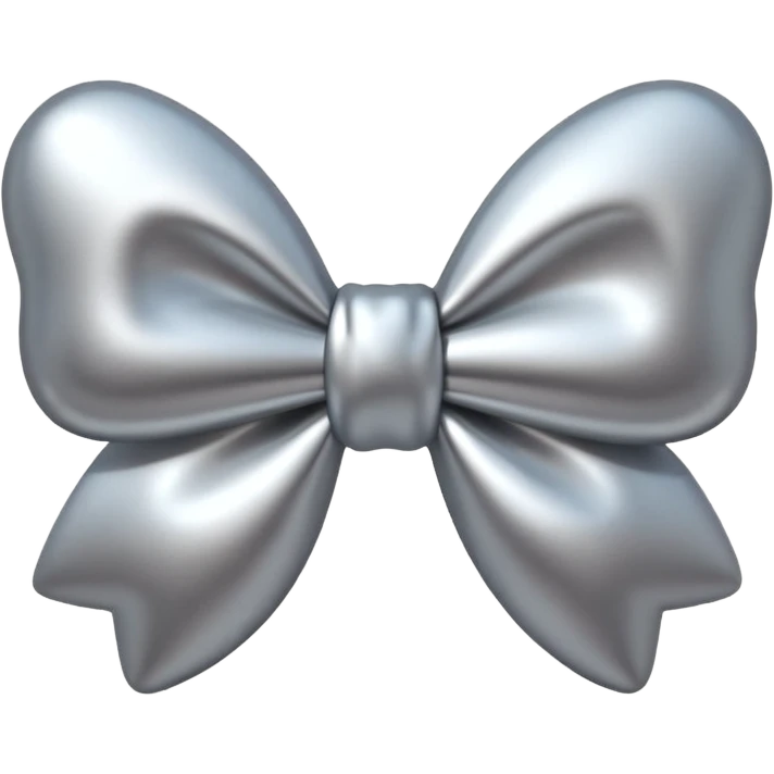 A cute bow emoji made of polished silver chrome, smooth rounded loops, glossy metallic surface, soft mirror reflections, subtle highlights, minimal and adorable proportions, iOS emoji style, centered composition, clean white background, soft studio lighting, no text, no outline, ultra high quality emoji