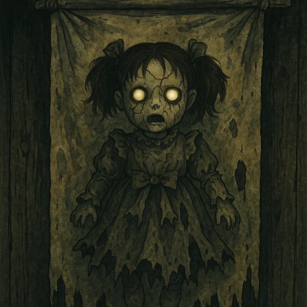 creepy banner, possessed doll with cracked porcelain face, glowing eyes, torn dress, horror illustration style emoji