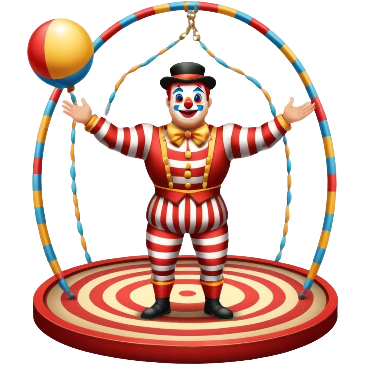 Icon for Circus Arts: a vibrant round circus arena with a strongman in a striped costume, a juggler performing and a clown entertaining the crowd. The icon should capture the energy and excitement of a circus performance. Transparent background. emoji