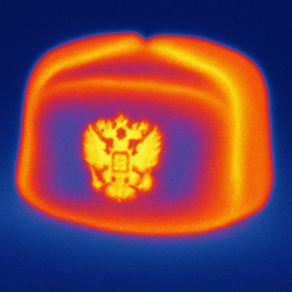 Russian hat ushank with the small coat of arms of Russia, with background, thermal camera style emoji
