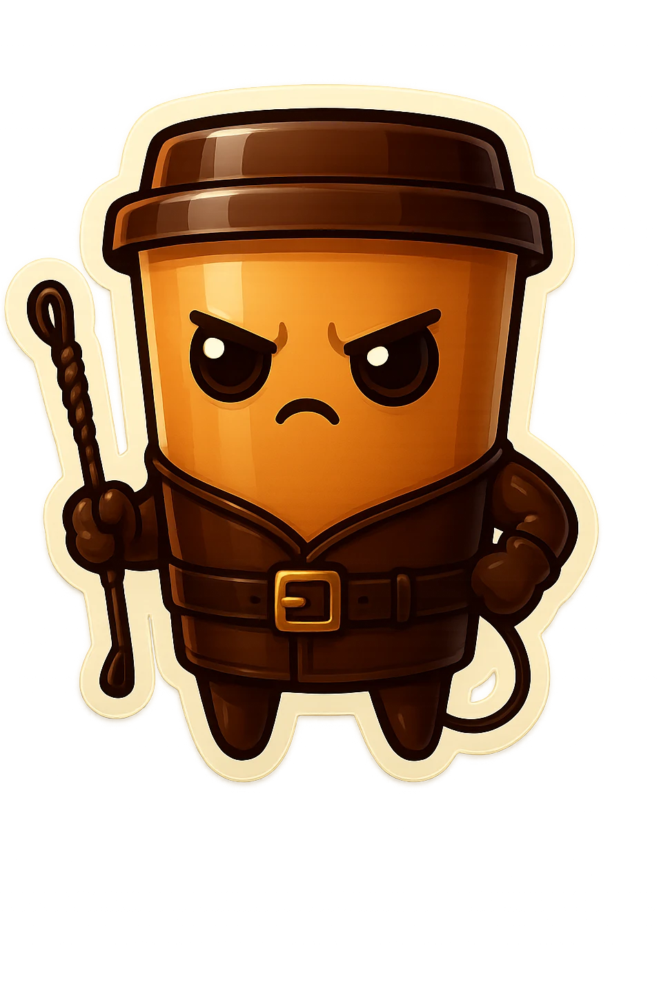 Tall coffee cup, dressed in leather holding a whipping crop, serious expression emoji