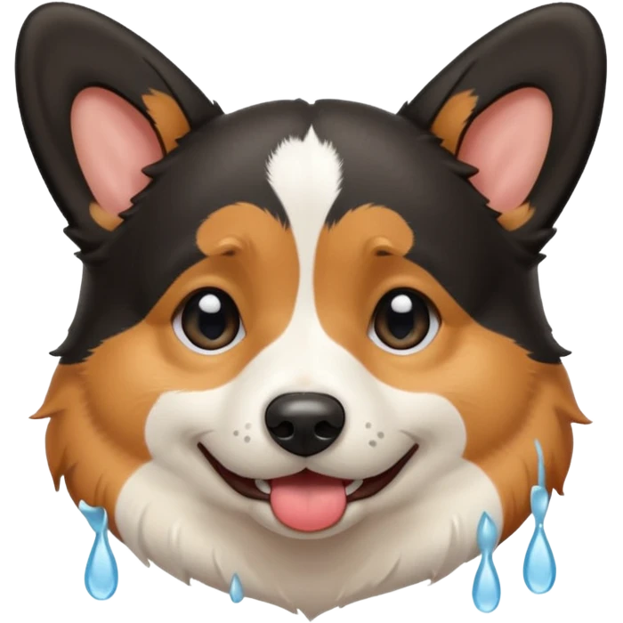 black tricolor corgi with no tail and crying emoji