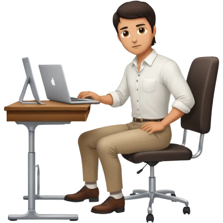 Rich man working on a chair at office in shirt, dark hair, and near the desk with laptop he is german very beautiful looks like, full body view emoji