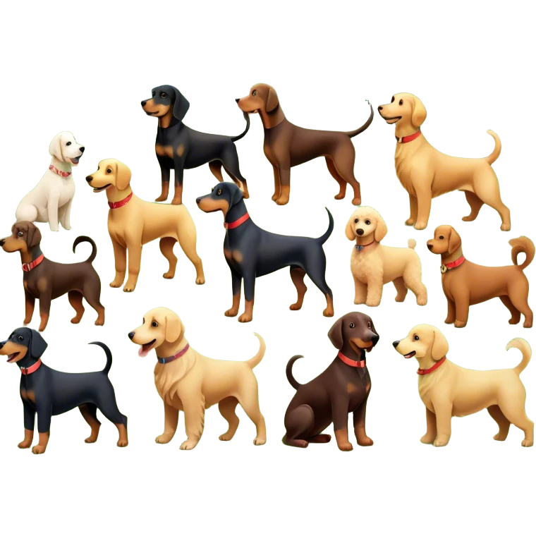 Collage of various dog breeds like Doberman, Poodle, Dachshund, and Golden Retriever, playing in a park with trees and grass. Some dogs run, others sit, all are full of energy and happiness. A joyful, colorful scene with playful expressions. Transparent background. emoji