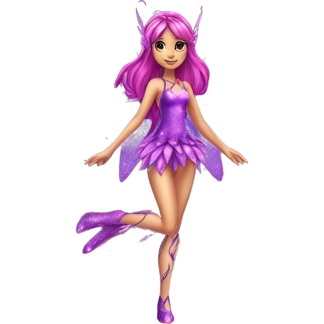 Tecna adult fairy of technology her enchantix fairy purple sparkling two-piece clothing and fairy enchantix wings and long dark pink hair in from winx club. Lots of sparkles and fairydust. Full body pic and full fairy bliss emoji