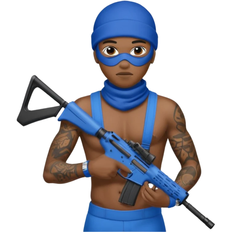 Ebony gang member in blue with ski mask no shirt tattoos covering body holding a AR15 emoji