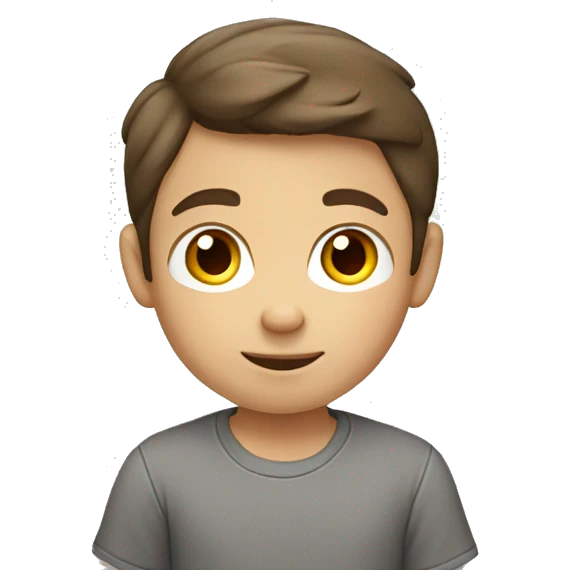 A little boy with brown hair and in a grey shirt studying  emoji