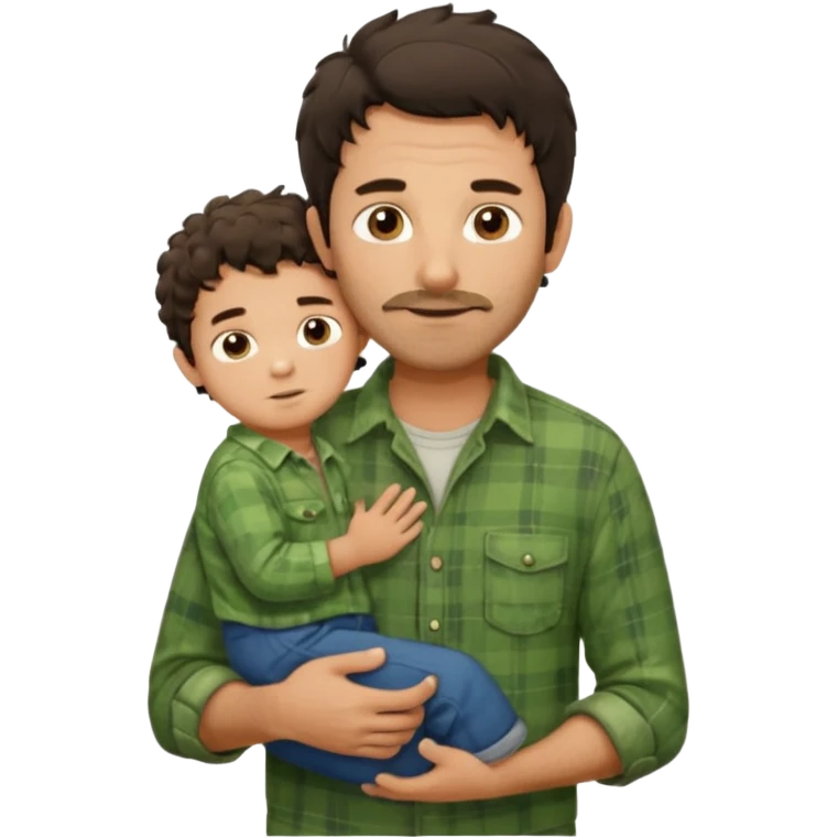 A father with messy medium-length dark hair and light stubble, wearing a green flannel shirt. He holds his one child who has short curly brown hair and a cream-colored romper. Cozy warm lighting, authentic family moment. emoji