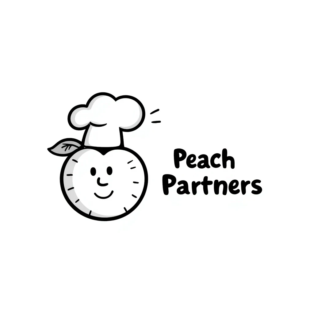 hand-drawn doodle of a playful peach with handwritten text 'Peach Partners' emoji