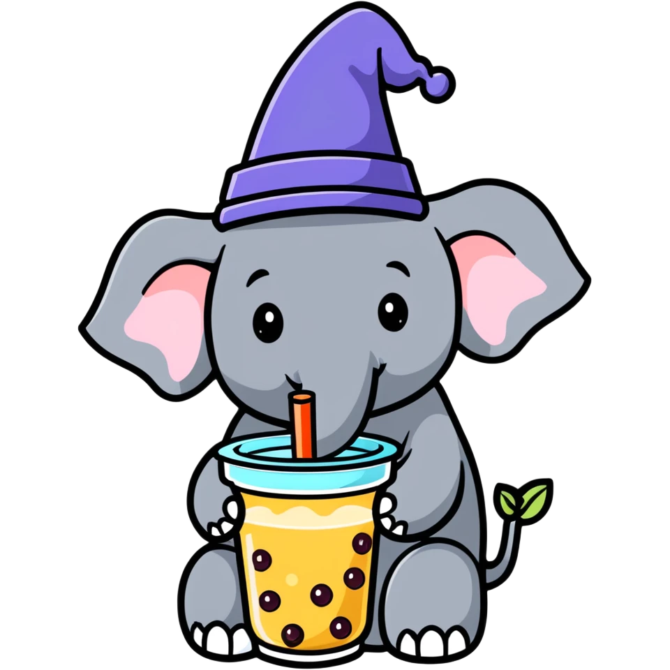 elephant with wizard hat and bubble tea, cartoonish emoji