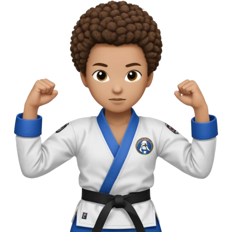 black karate instructor with pony tail afro hair and shaved bald sides haircut, Make the hair brown and the belt blue. Add the roger Gracie academy logo on the go also and the p logo of progress jiu jitsu on the right arm sleeve  at the top emoji