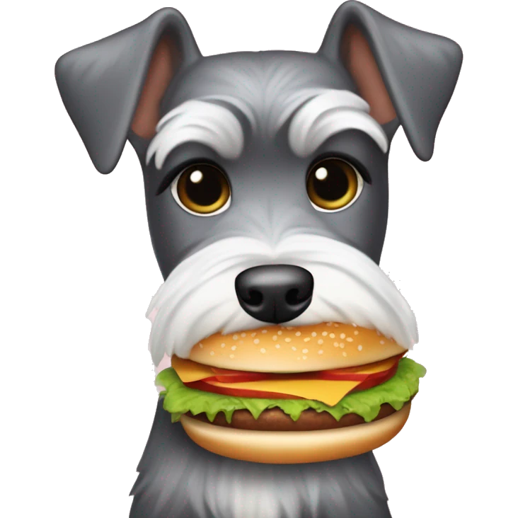 Schnauzer dog, eating a hamburger ￼ emoji