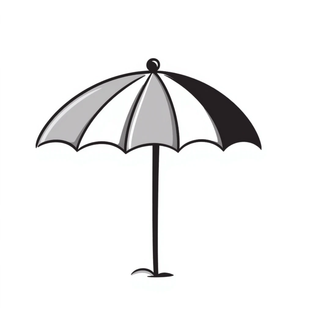 A beach umbrella with stripes in pastel colors (dd9fb0, ffc6d3, a3bfc9, c4bee2, f1b091), hand-drawn doodle style emoji