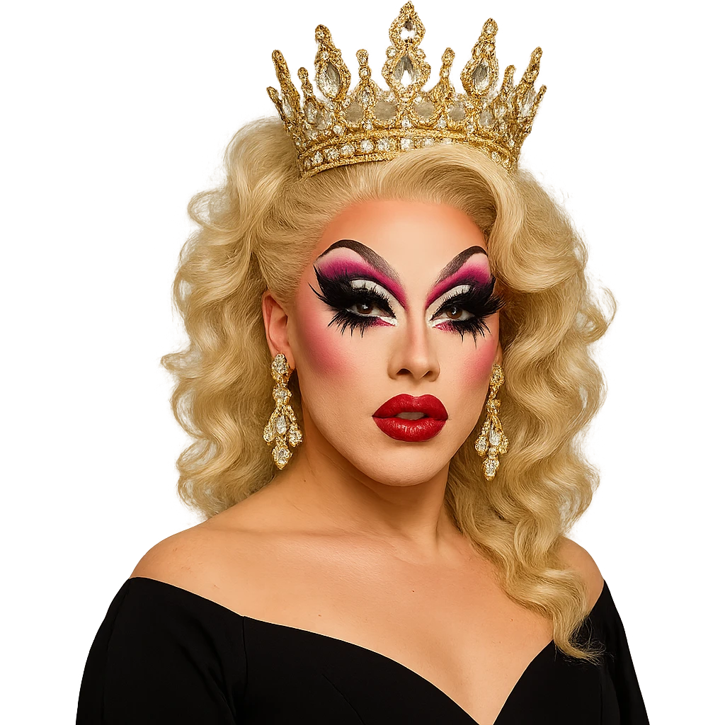 drag queen with dramatic eye makeup and crown emoji