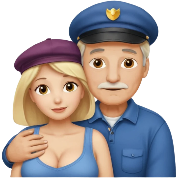 Chica rubia de pechos grandes abrazando a un hombre mayor de 60 años  con una gorra  emoji