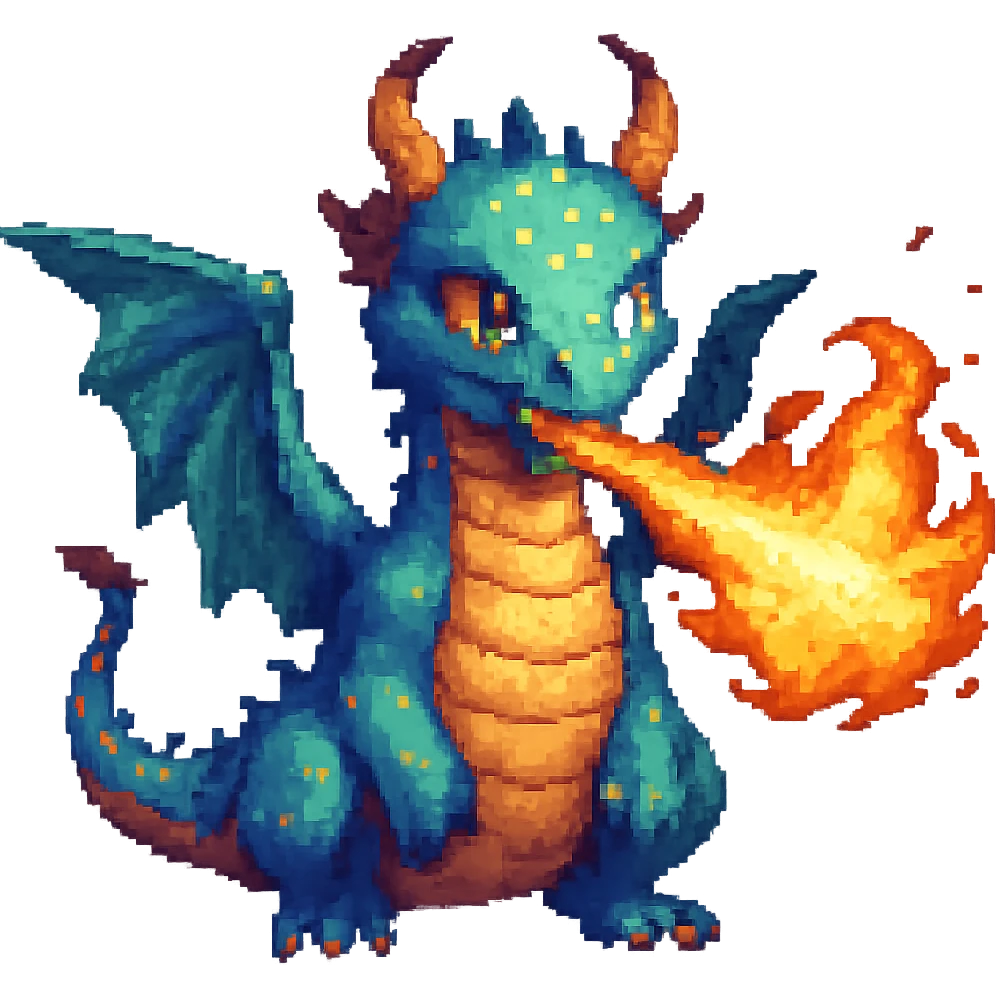Add fire breath to the cartoon dragon in pixel art style, no background, keep pixel art aesthetic and details. emoji