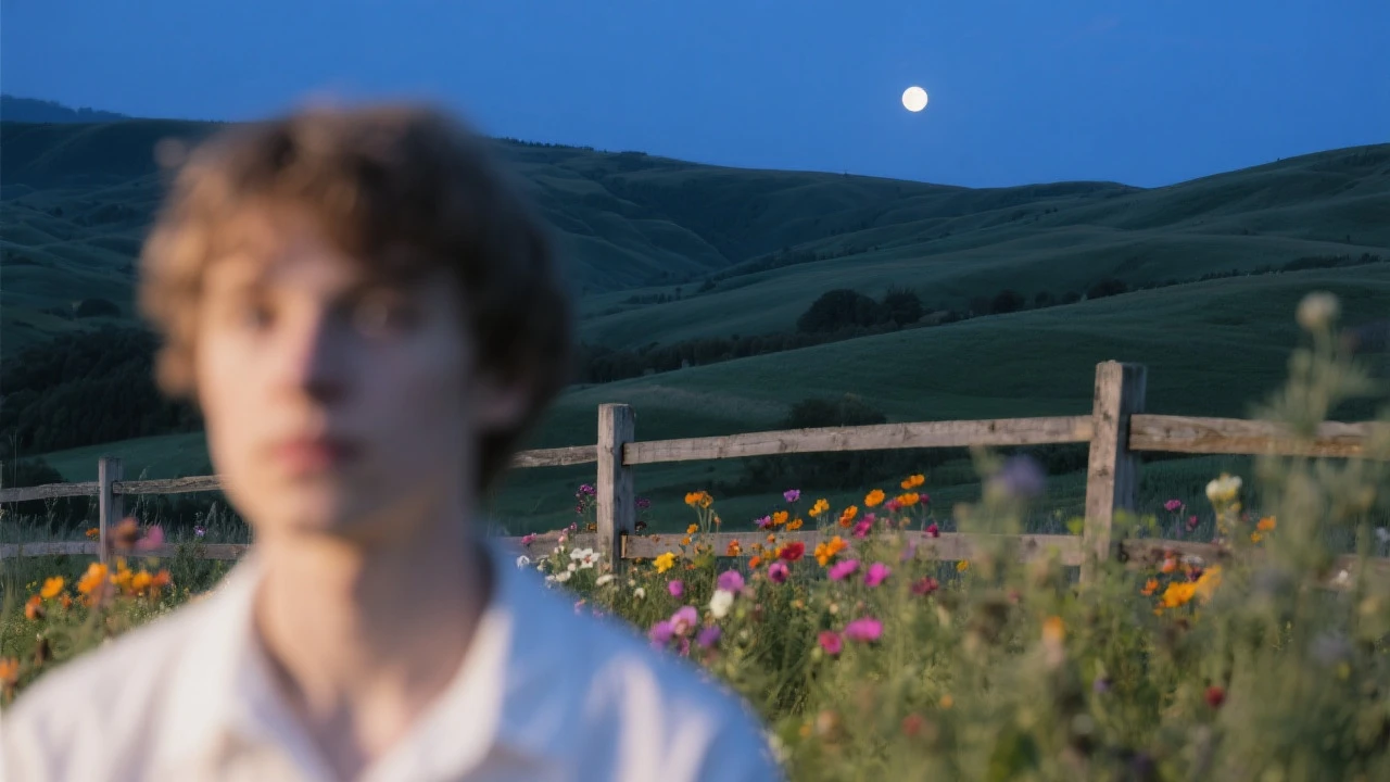 A portrait of a white person in the foreground, blurred plants in the foreground, a wooden fence and colorfull flowers in the midground, rolling hills in the background, cinematic depth of field, layered composition, moon back light (Blue night) emoji