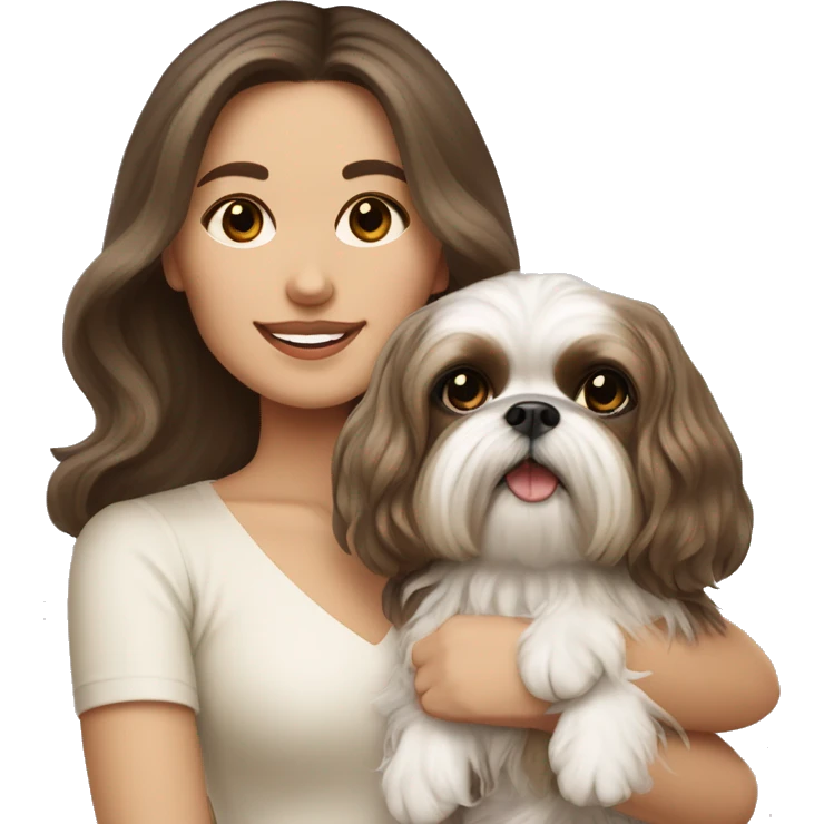 Young brunette hair woman with a cream shih tzu in her arms long wavy hair emoji