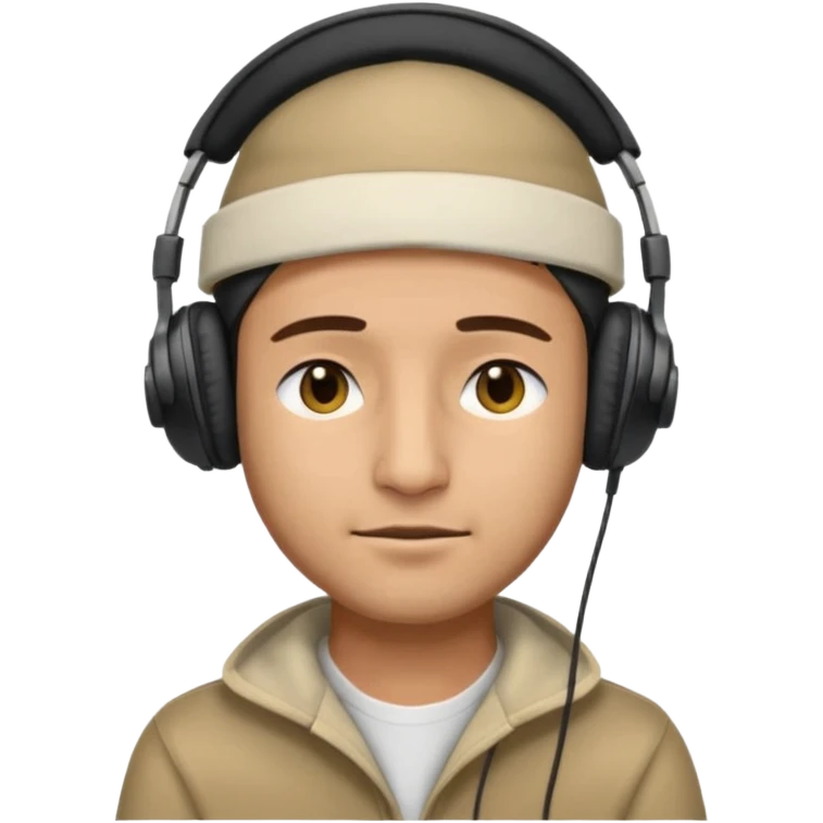 Half body man wearing topi and headphones, eyes closed, realistic emoji style. emoji