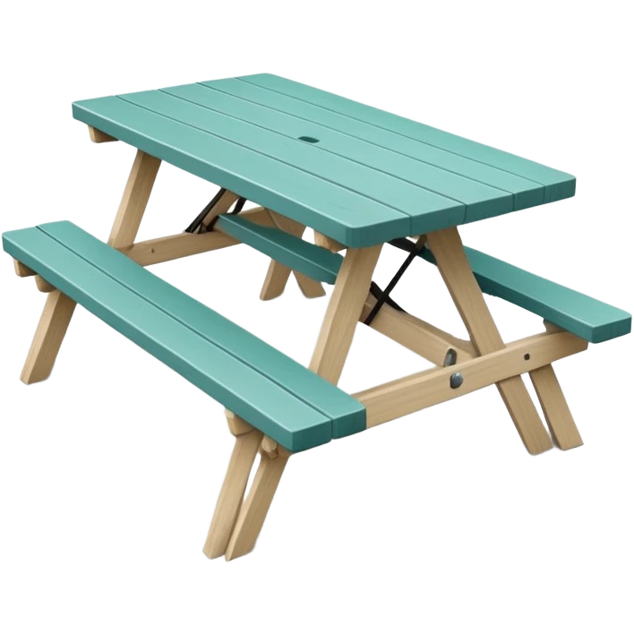 simple rectangular picnic table with attached benches, soft teal color, straight vertical legs, small wheels underneath, flat wood-style silhouette, muted teal tone, clean geometry, minimal shading, slightly theatrical emoji