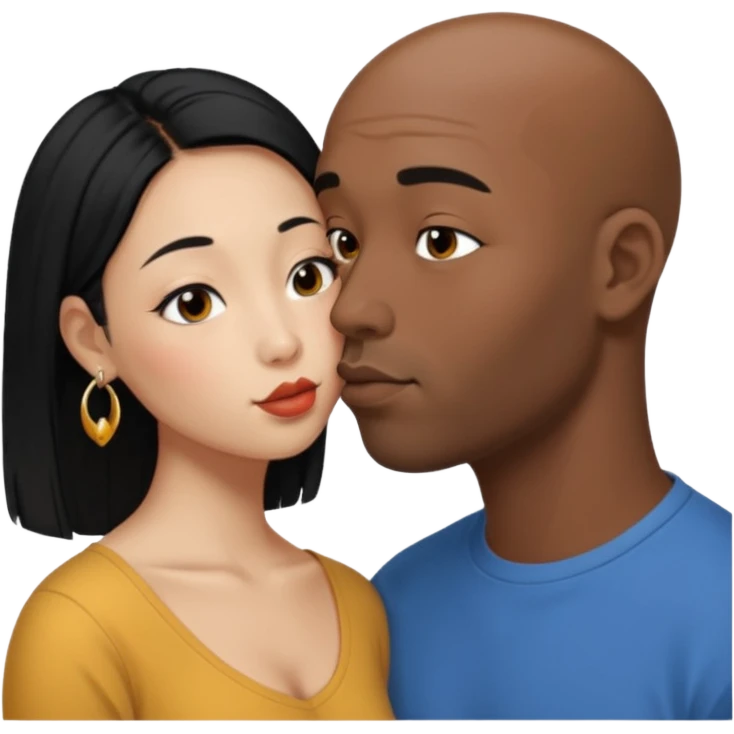 Bald black man with short beard deeply kissing each other. She is a short younger looking asain women. She has long black hair and a nose ring emoji