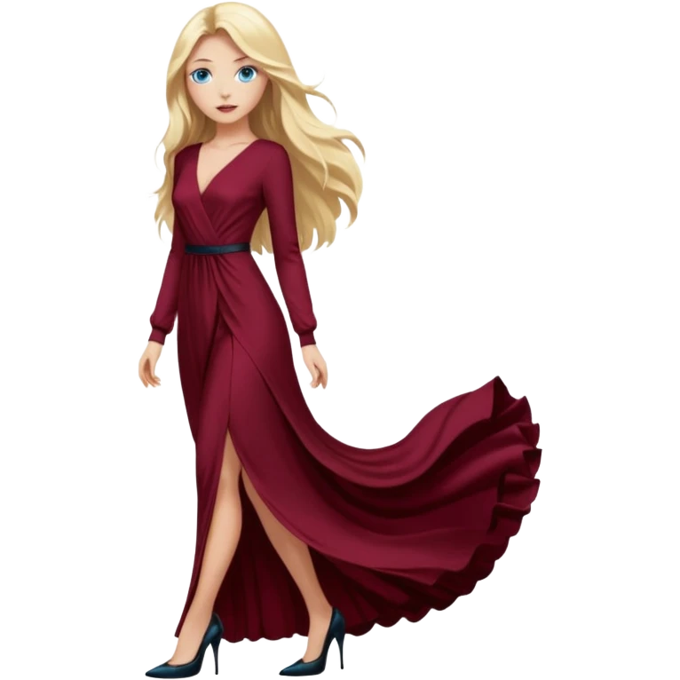 Chica rubia, ojos azules, vestido granate muy largo sexy cuerpo entero pelo largo manga larga zapatos negros tacon emoji