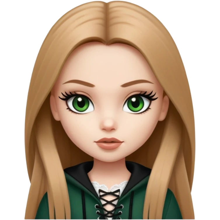 pretty bratz girl, long straight LIGHT BROWN HAIR, dark green eyes, black eyeliner, pale skin, black clothes with laces emoji