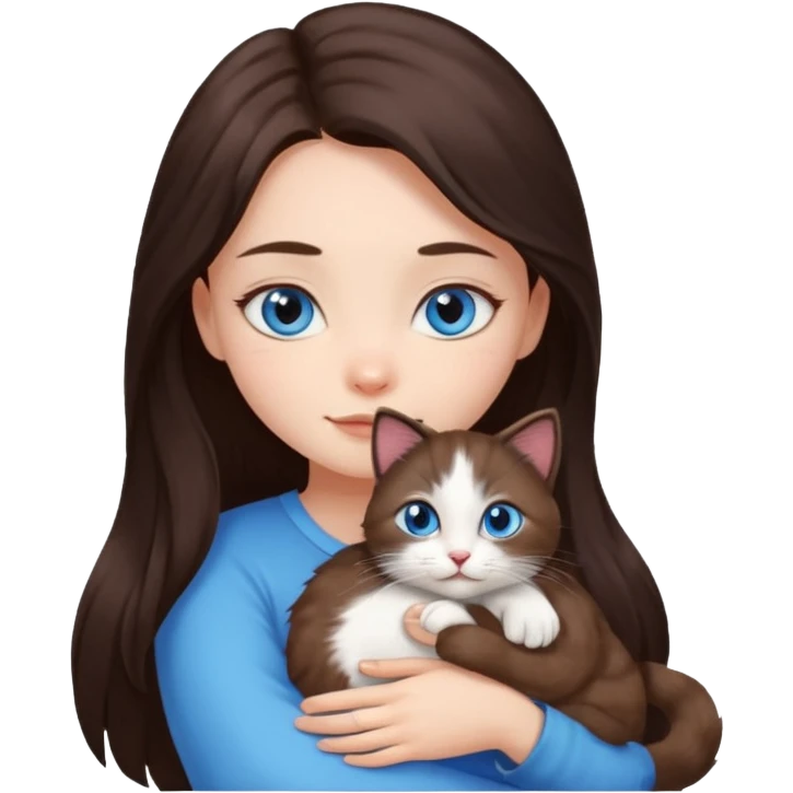 a pretty girl with long dark 
brown hair, with blue eyes, hugs 3 different natural coloured small cats emoji