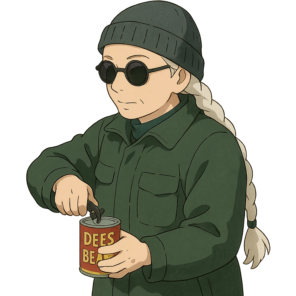 1 female, long white braid, knit cap, dark sunglasses, DARK GREEN HUNTER JACKET, USING A SMALL BLACK HANDHELD CANOPENER TO OPEN A CAN OF DEES BEANS emoji