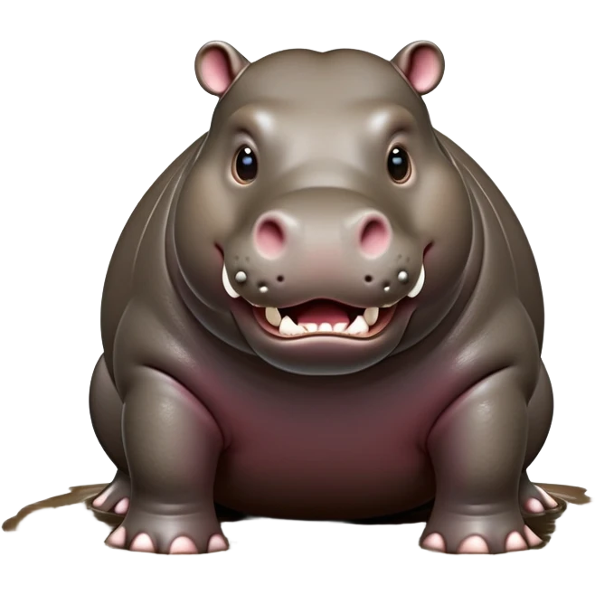 cinematic-hippo-realistic-full-body side view-standing on all fours-emoji,-massive-round-frame-partially-submerged-in-muddy-water,-wide-mouthed-grin-exposing-huge-teeth,-head-tilted-dramatically,-thick-greyish-brown-hide-glossy-from-water,-simplified-yet-realistic-focused-features,-highly-detailed,-glowing-with-an-almost-sarcastic-glow emoji