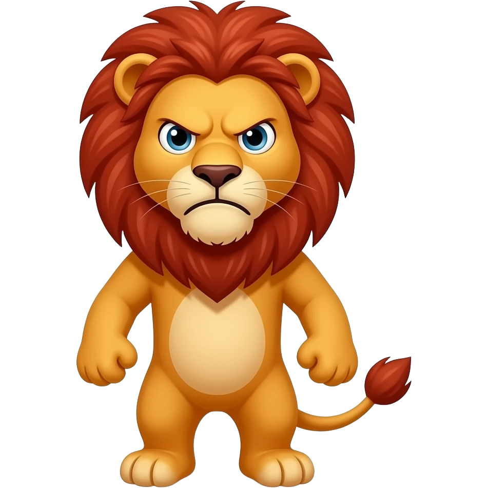 A small, all red lion standing on its legs and arms, looking at us with a very frustrated expression emoji