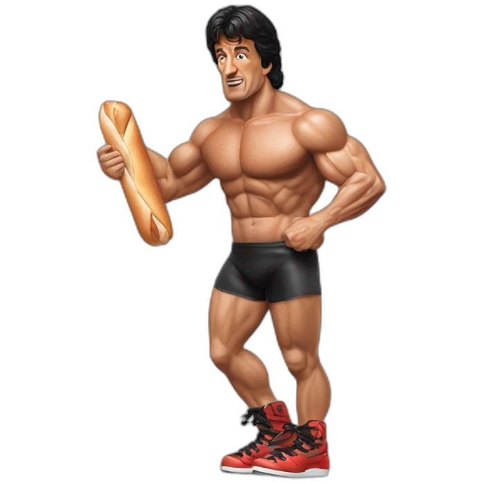 Sylvester Stallone Rambo mankini roller blades eating a baguette emoji