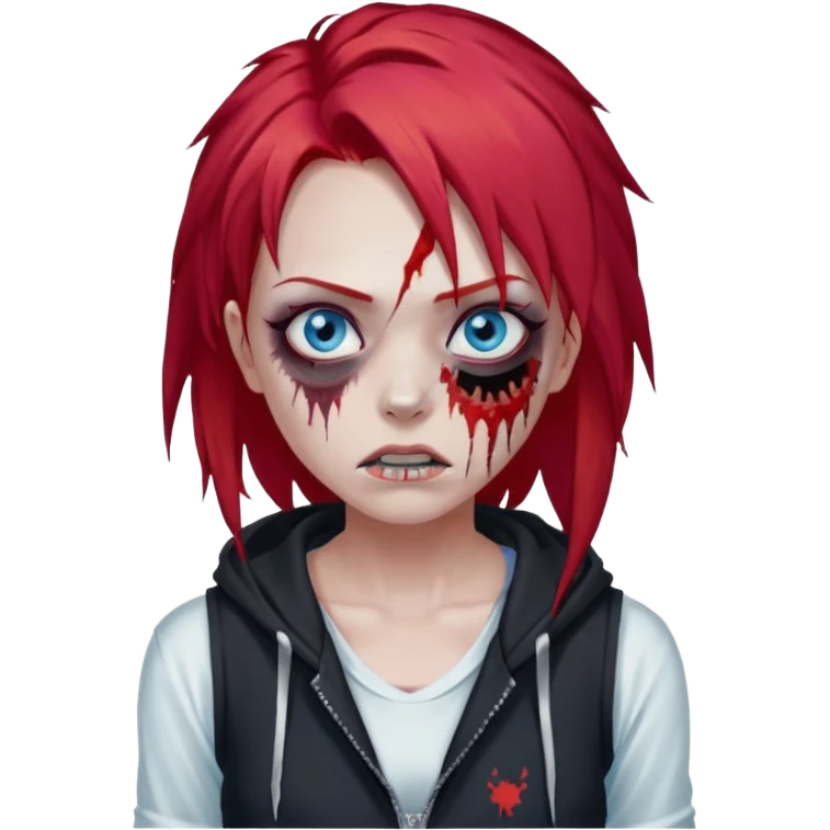 сделай рыжую девушку зомби с избитым лицом, не в полный рост, пусть ее рыжие волосы будут ниже груди с осветленными прядями, глаза у нее будут голубые, а одета она будет в дранную белую майку и черную зип худи emoji