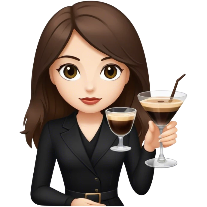 brunette hair down girl black clothes holding an espresso martini emoji