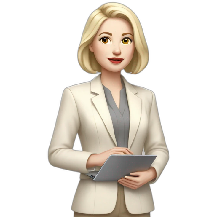 pale skin woman with ash blonde Straightened bob Hair, White Spacious classical jacket, beige palazzo Arrow pants and gray blouse holding a MacBook in the hands emoji
