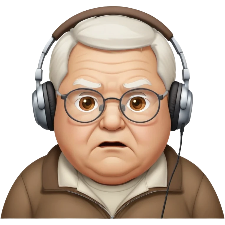 Very chubby brown old man with medium white hair, wearing glasses and headphones, looking surprised and angry, no facial hair, round full cheeks, double chin, looking to the upper left corner emoji