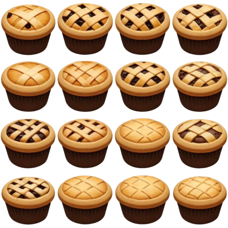Baking community avatar in clean emoji-style illustration. Pies, cookies, and muffins grouped together, warm golden tones, simple shapes, flat design, high contrast, cozy and friendly. emoji