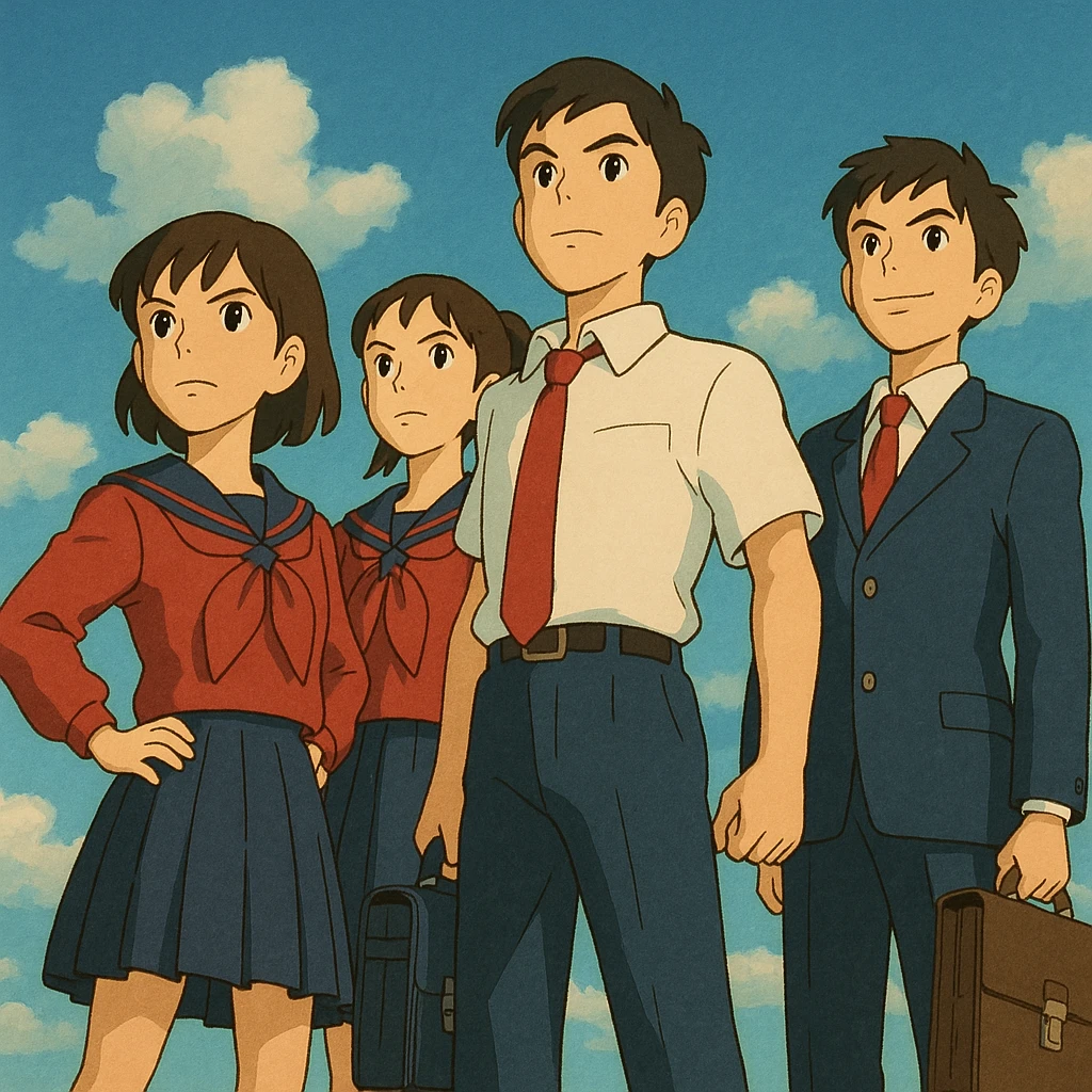 ghibli style group of confident students standing tall, looking heroic emoji