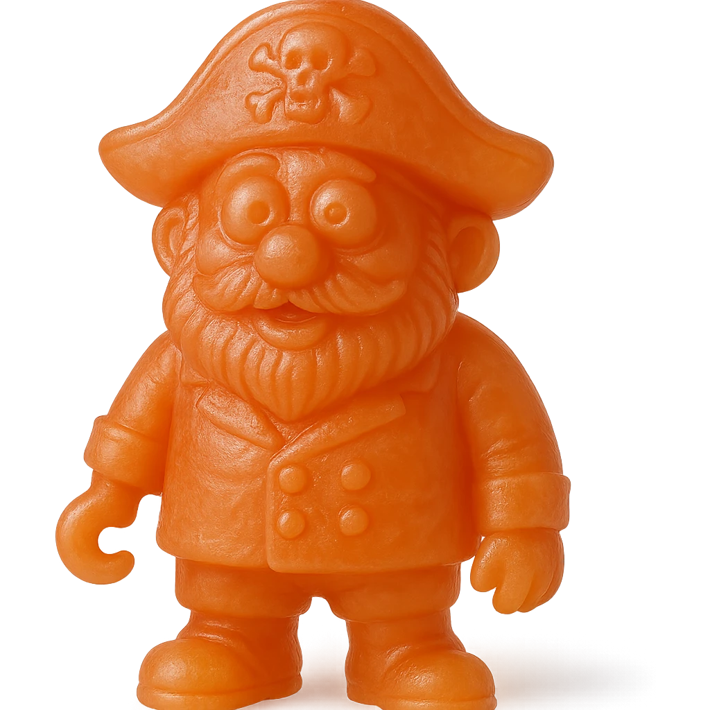 hyper-detailed retro 90's toy style bright orange semi-transparent soft plastic pirate with derpy eyes soft reflections soft and squishy some cloudiness not shiny highly detailed appealing no tag no background emoji