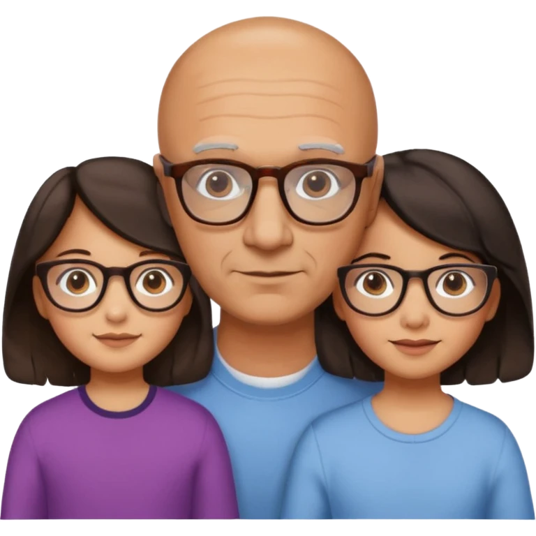 Papà calvo con occhiali, mamma capelli neri occhi marroni no occhiali, figlia capelli marroni mossi e occhiali tartarugati con montatura spessa occhi marroni, figlia capelli lisci marroni occhiali neri con montatura grande e fina occhi marroni  emoji