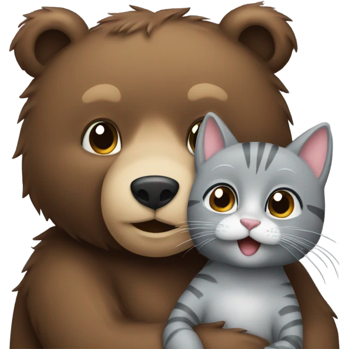 brown bear cub hugs gray cat emoji