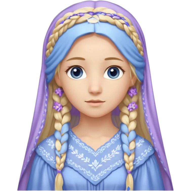 Joven de unos 30 años, de aspecto dulce, elegante.
Piel clara, ojos (pueden ser azules o verdes)
Rubio o castaño largo, con trenzas.
Vestido largo de tonos suaves (blanco, azul o lavanda), con bordados dorados; un manto o toca fina cubriendo la cabeza. Que se vea todo el cuerpo de pies a cabeza emoji