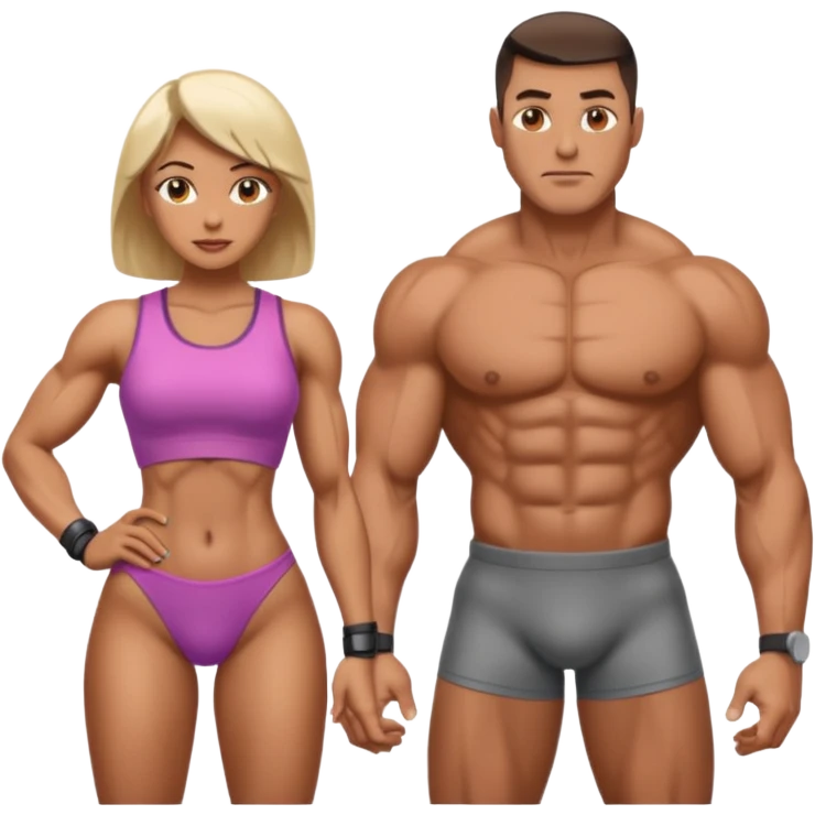 two pumped up people, one male and one female, both with cyber implants emoji
