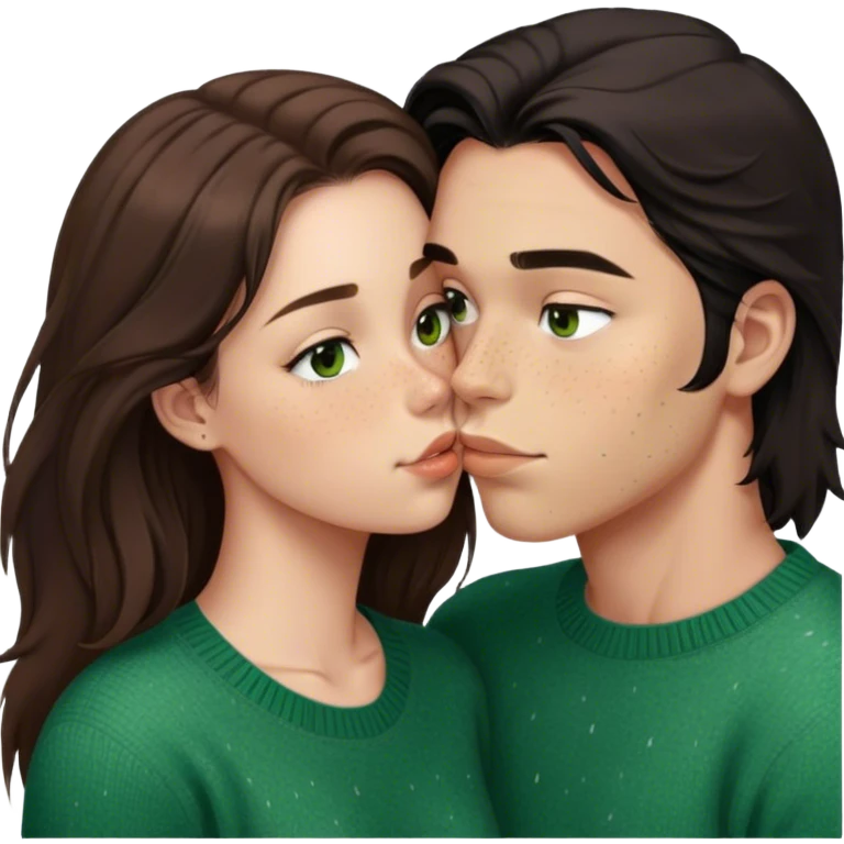Young guy with black slightly long hair kissing a young woman with brown hair and  green sweater and only the woman has very light freckles on the woman’s face only and the guy has brown eyes with the emoji made so there is no part that is cut off emoji